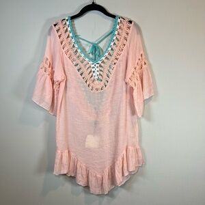 Pom Pom Crochet V-Neck Cover-Up Dress Swim Peach Open Tie Back Lightweight Large